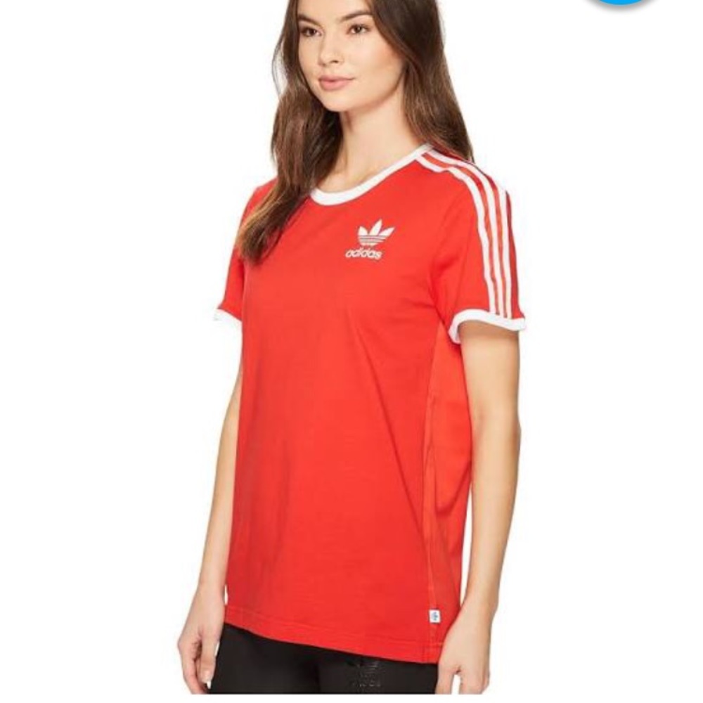 Red Adidas Three Stripe Boyfriend T Shirt